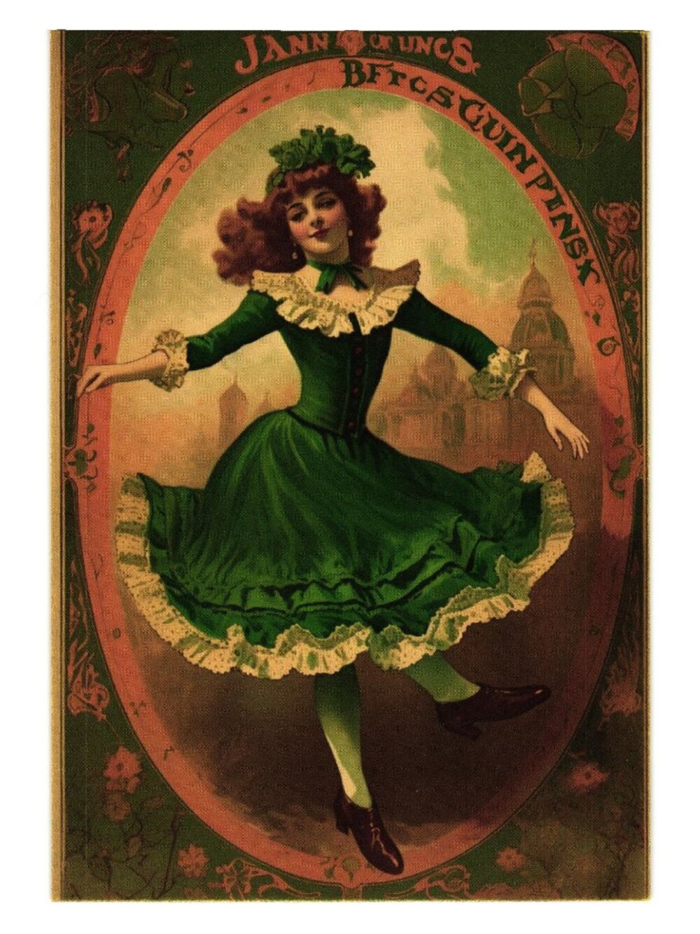 Art Card Nostalgic Green Dress Dancing Woman Illustration Postcard St Patrick